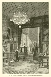 Salon of Art Objects Lit by an Incandescent Lamp Chandelier